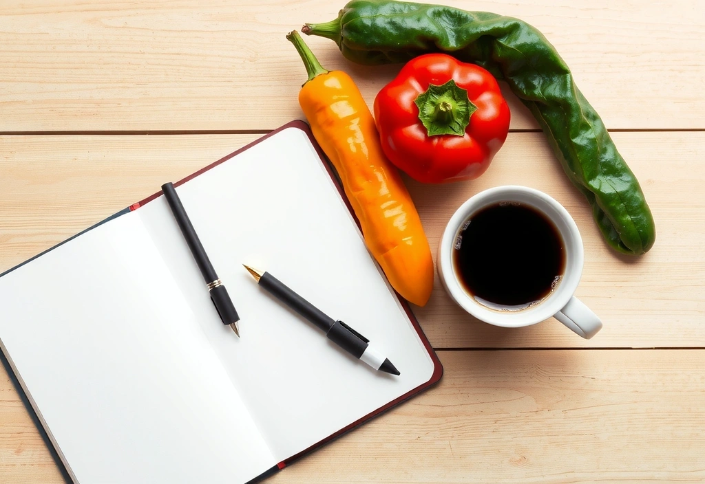 Notizbuch und Gemüse auf Holztisch